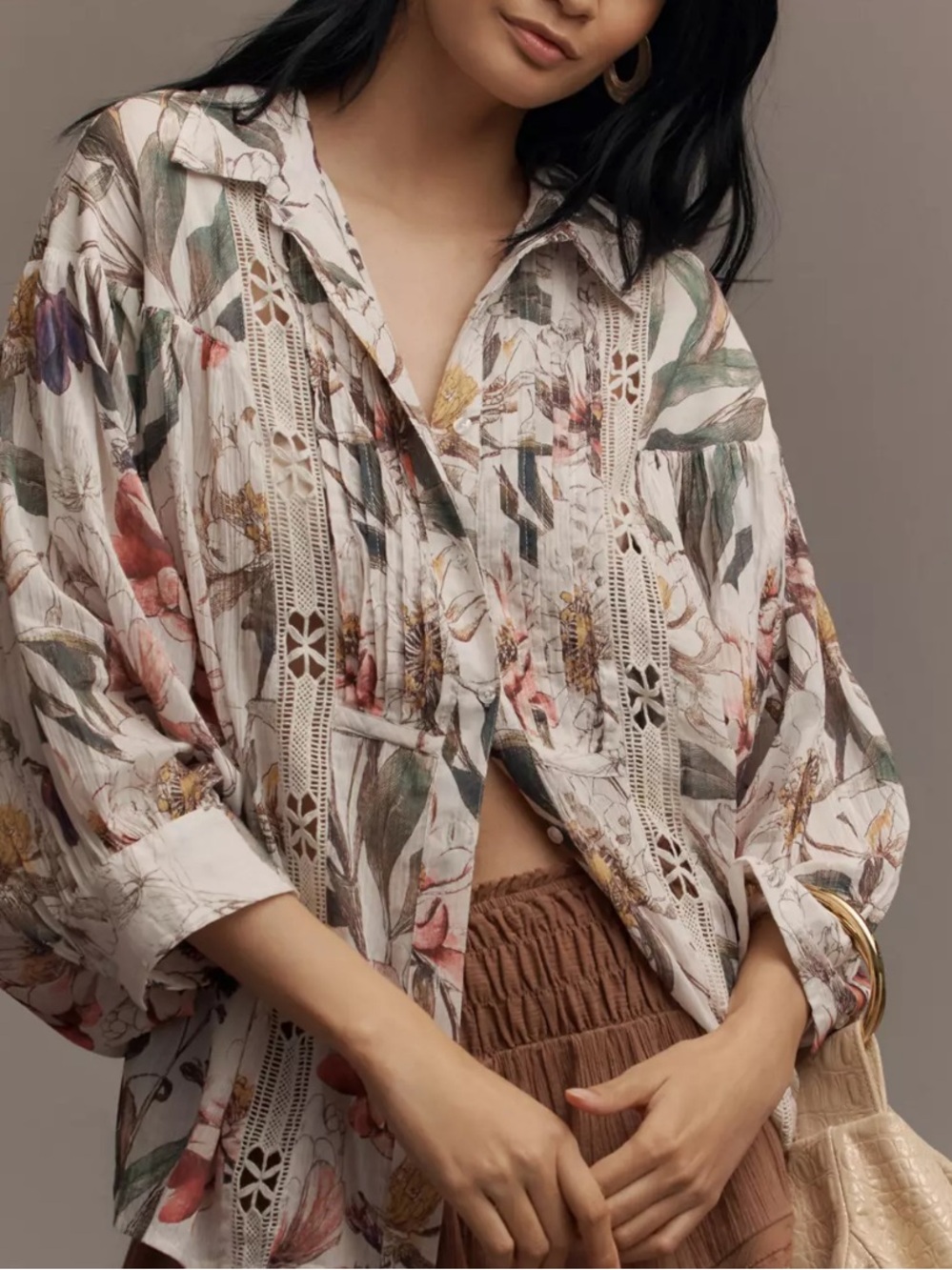Anthropology Floral Long-Sleeve Appliqué Batwing Blouse